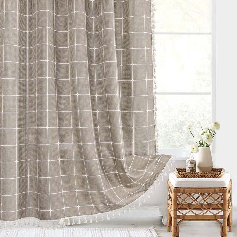 Fringed Hem Shower Curtain - Shower Curtain - Brown Check - Seravelle Home