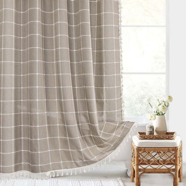 Fringed Hem Shower Curtain - Shower Curtain - Brown Check - Seravelle Home