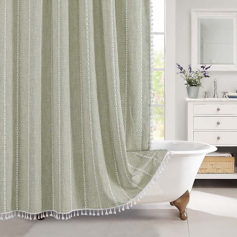 Fringed Hem Shower Curtain - Shower Curtain - Green Stripes - Seravelle Home