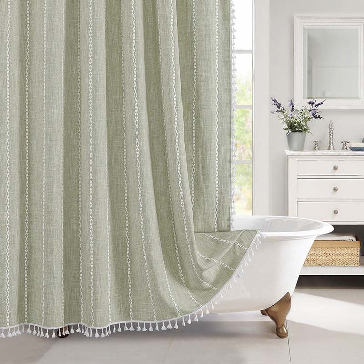 Fringed Hem Shower Curtain - Shower Curtain - Green Stripes - Seravelle Home