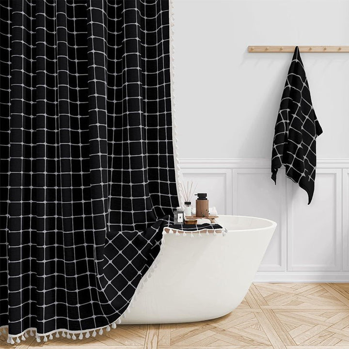 Fringed Hem Shower Curtain - Shower Curtain - Black Check - Seravelle Home