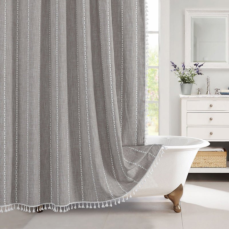 Fringed Hem Shower Curtain - Shower Curtain - Grey Stripes - Seravelle Home