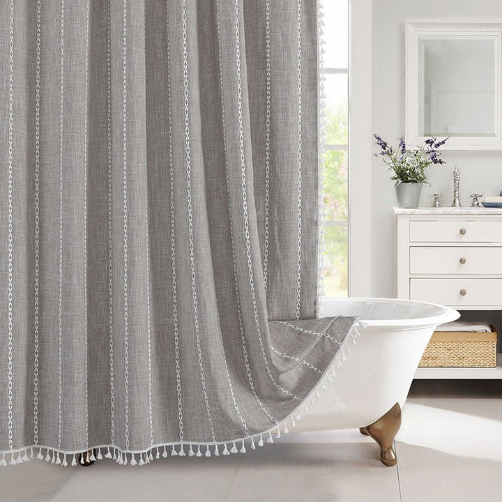 Fringed Hem Shower Curtain - Shower Curtain - Grey Stripes - Seravelle Home