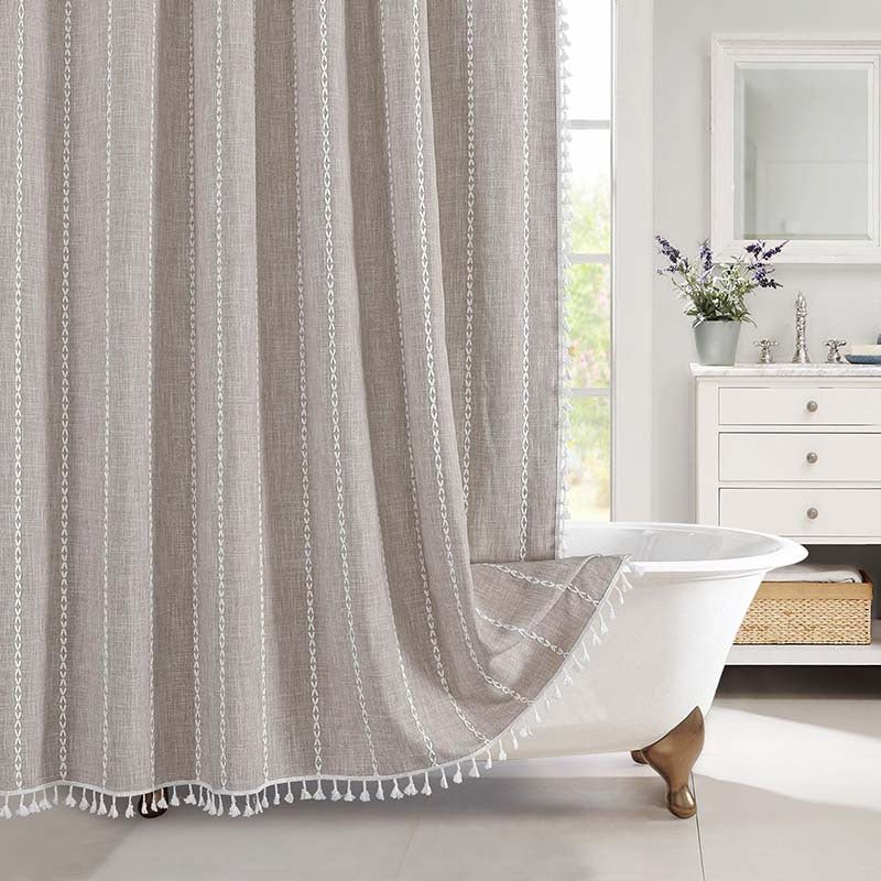 Fringed Hem Shower Curtain - Shower Curtain - Beige Stripes - Seravelle Home