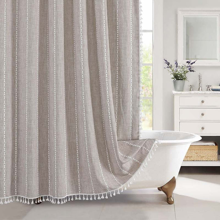 Fringed Hem Shower Curtain - Shower Curtain - Beige Stripes - Seravelle Home