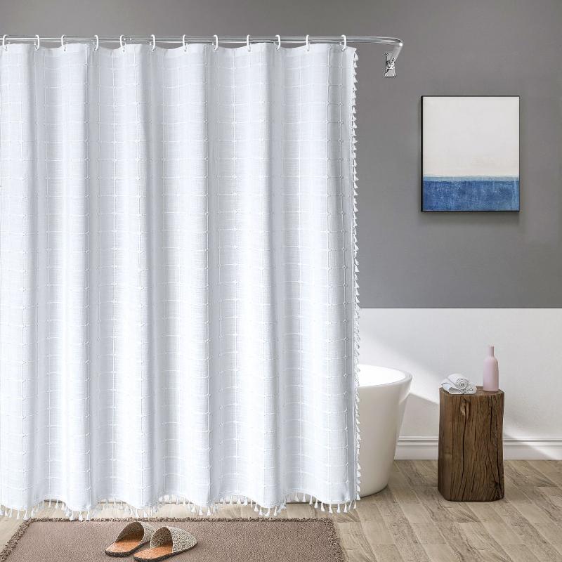 Fringed Hem Shower Curtain - Shower Curtain - White Check - Seravelle Home