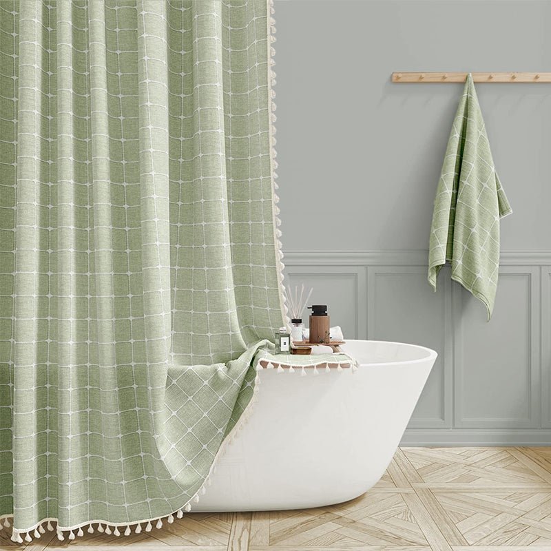 Fringed Hem Shower Curtain - Shower Curtain - Green Check - Seravelle Home