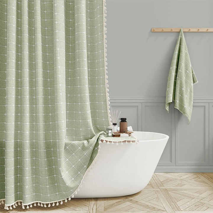 Fringed Hem Shower Curtain - Shower Curtain - Green Check - Seravelle Home