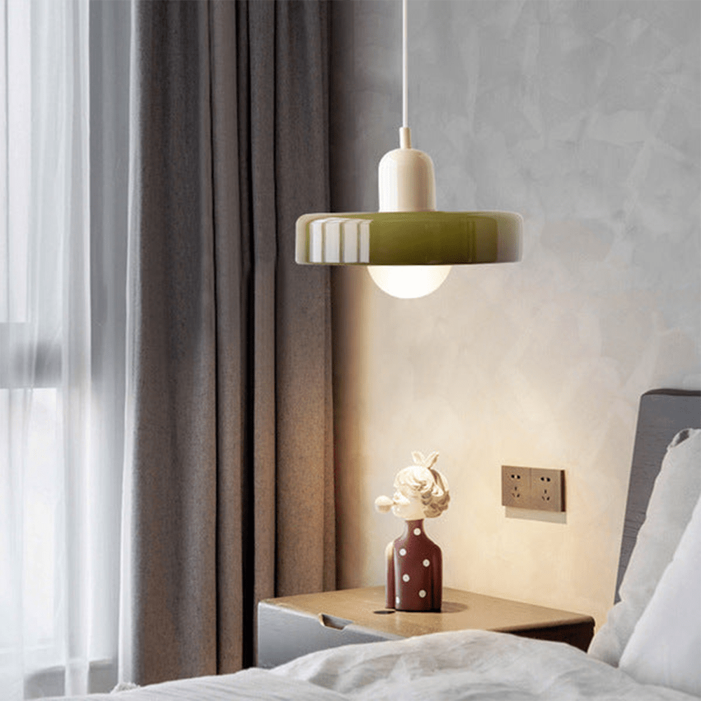 Glass Disc Pendant Light with Dome Shade - Dark Green - Seravelle Home