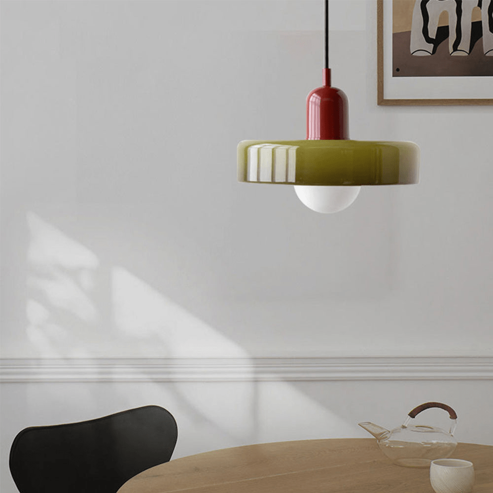 Glass Disc Pendant Light with Dome Shade - Dark Green - Seravelle Home