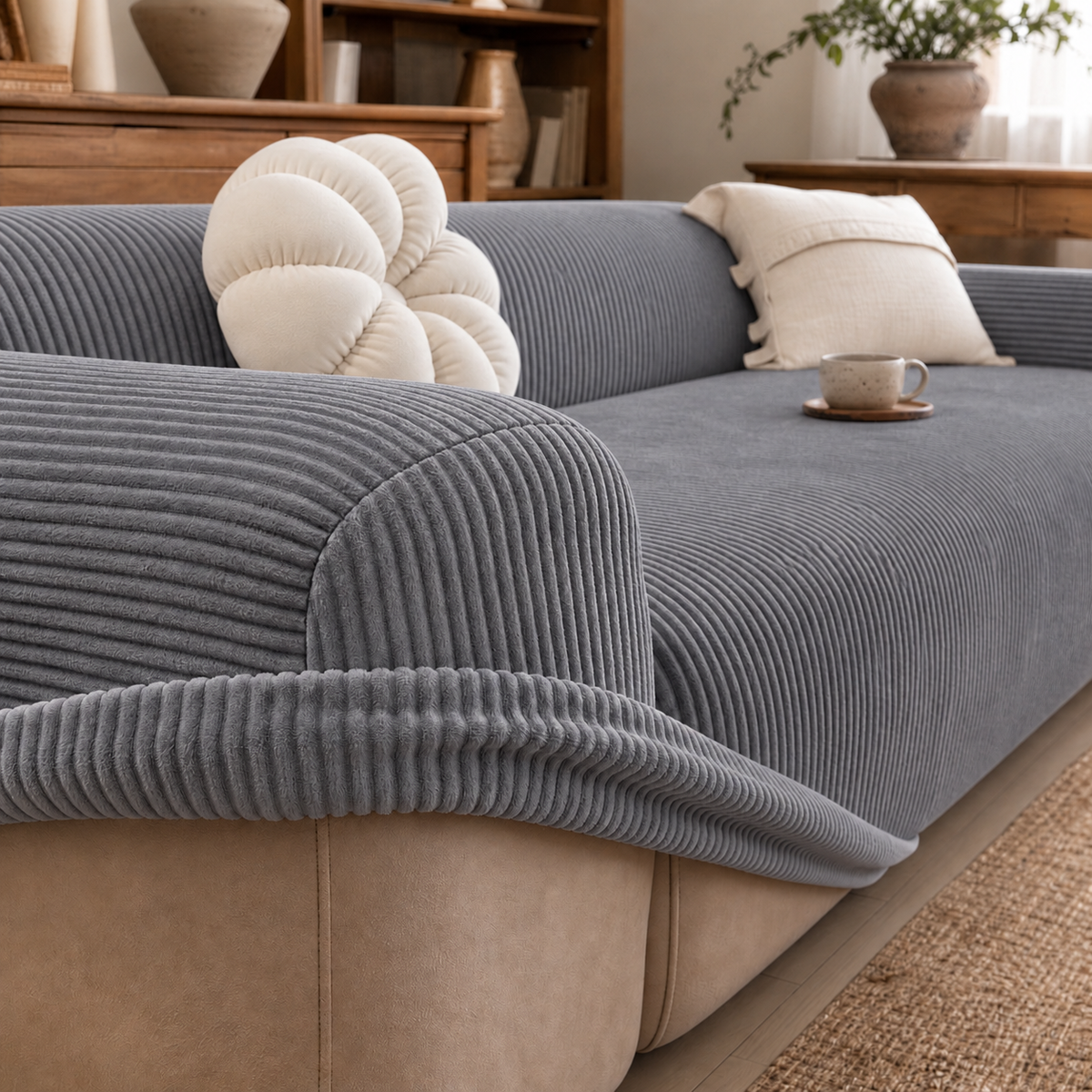 Ribbed Stretch Sofa Cover with Non Slip Fitted Design