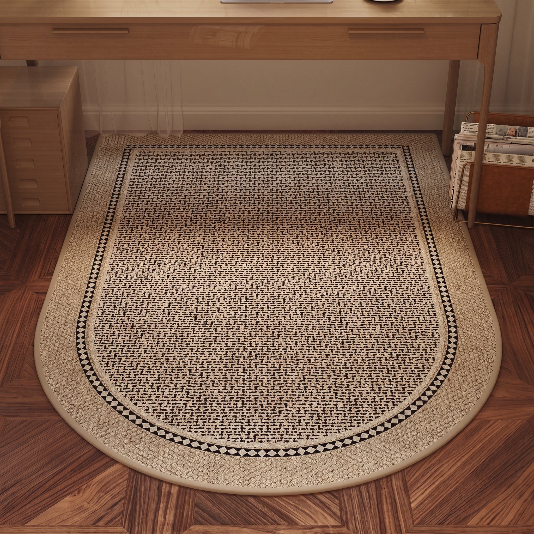 Half-Round Rug with Woven Pattern and Geometric Border - Carpets & Rugs - Grey - Seravelle Home