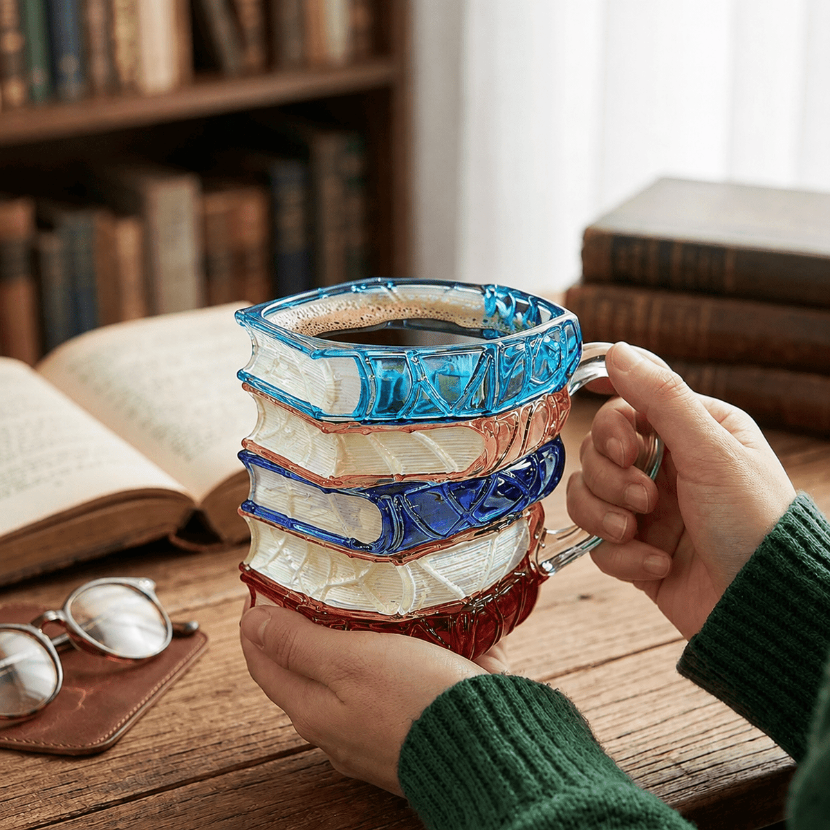 Handmade 3D Reading Mugs Made of Glass with Book Motif - Mugs - Seravelle Home