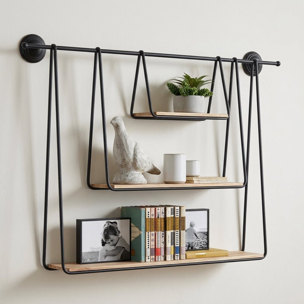 Hanging Wall Shelf Metal 3 Tier Wood Pipe Mounted Vintage Style - Rack Wall Shelves & Ledges - Seravelle Home