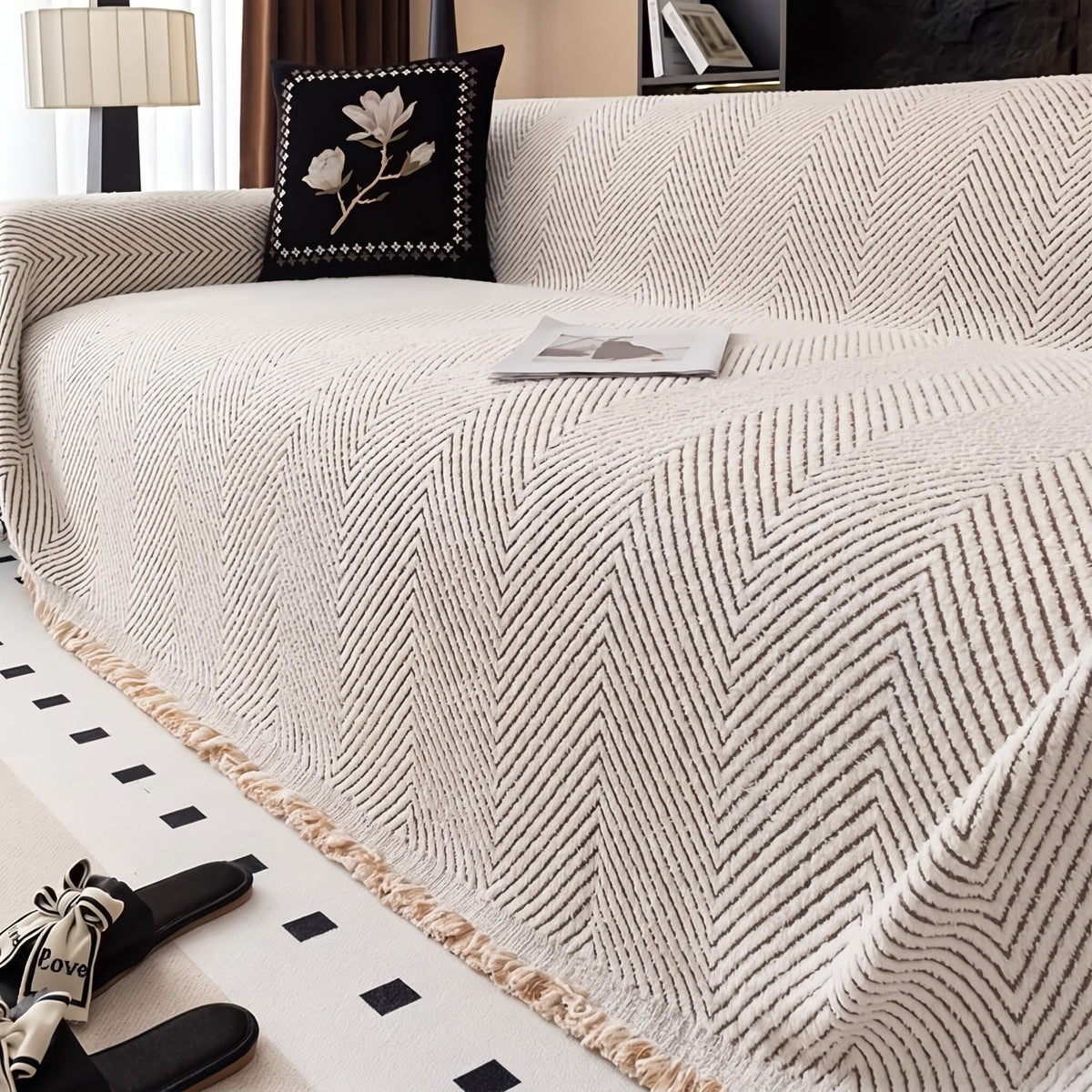 Herringbone Sofa Throw Cover for Couch and Armchair Protection - Slipcovers - Ivory - Seravelle Home