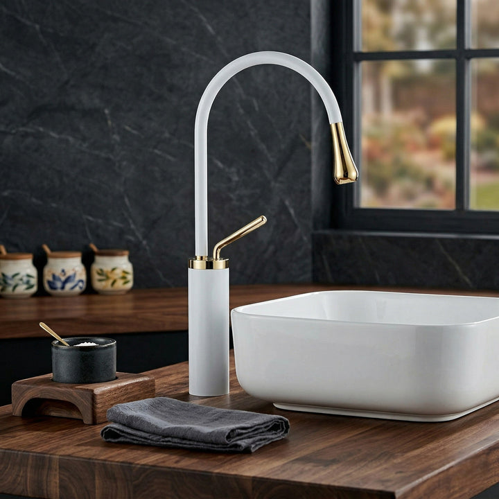 High Neck Basin Mixer Tap - Faucet - White Gold - Seravelle Home