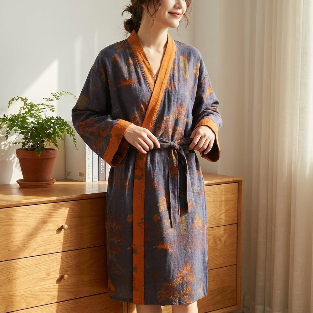 Lena - Soft Kimono Bathrobe Made of Organic Cotton for Home - Robe - Purple - Seravelle Home