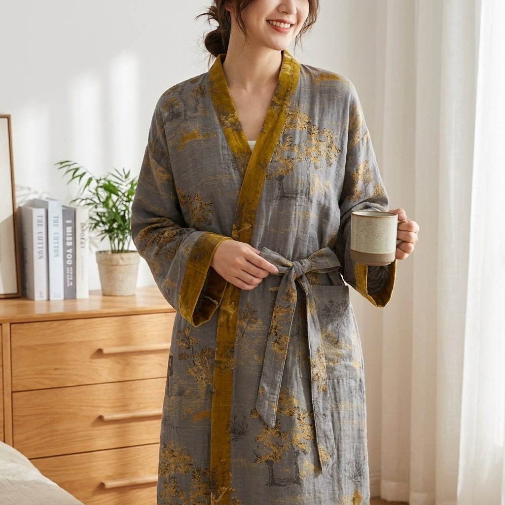 Lena - Soft Kimono Bathrobe Made of Organic Cotton for Home - Robe - Grey - Seravelle Home
