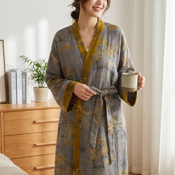 Lena - Soft Kimono Bathrobe Made of Organic Cotton for Home - Robe - Grey - Seravelle Home