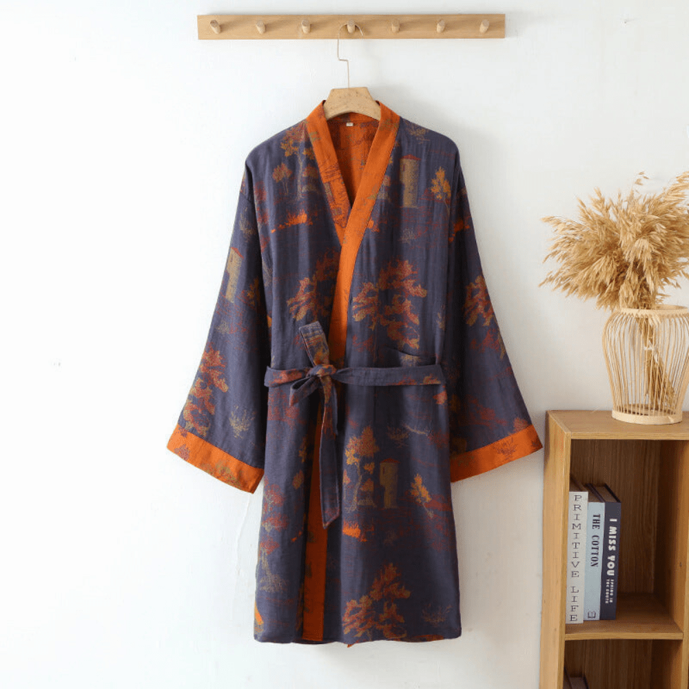 Lena - Soft Kimono Bathrobe Made of Organic Cotton for Home - Robe - Purple - Seravelle Home
