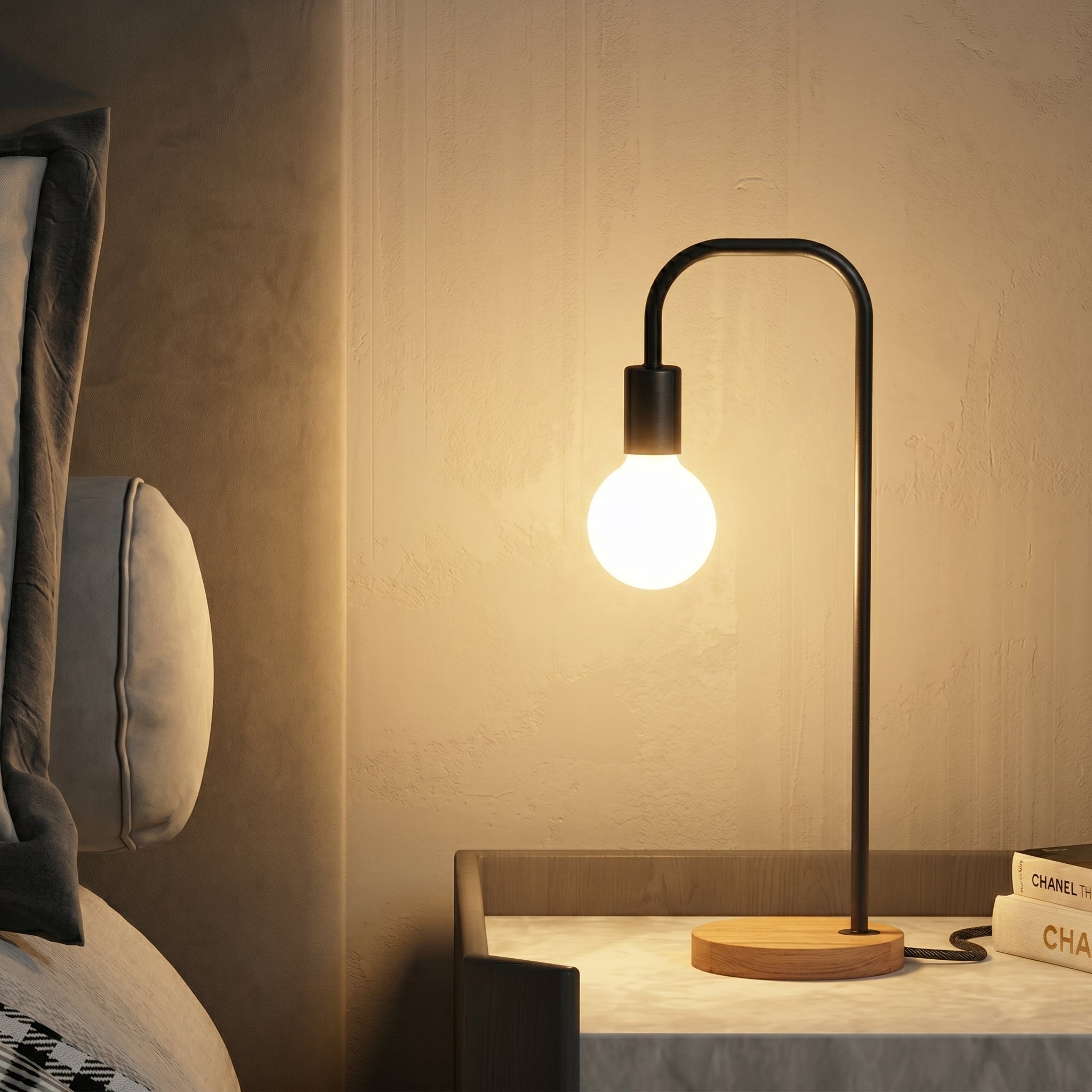 Minimalist Table Lamp with Curved Metal Arm - Table Lamp - Seravelle Home
