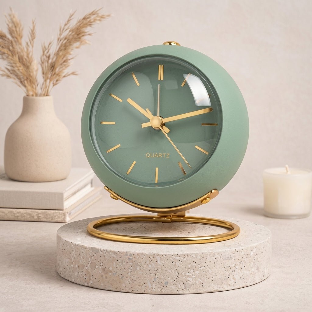 Nordic Minimalist Round Desk Clock with Gold Base - Desk Clock - Green - Seravelle Home