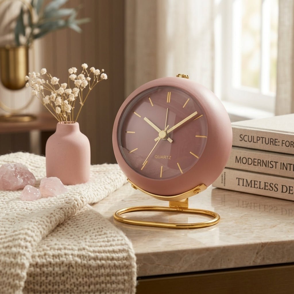 Nordic Minimalist Round Desk Clock with Gold Base - Desk Clock - Pink - Seravelle Home