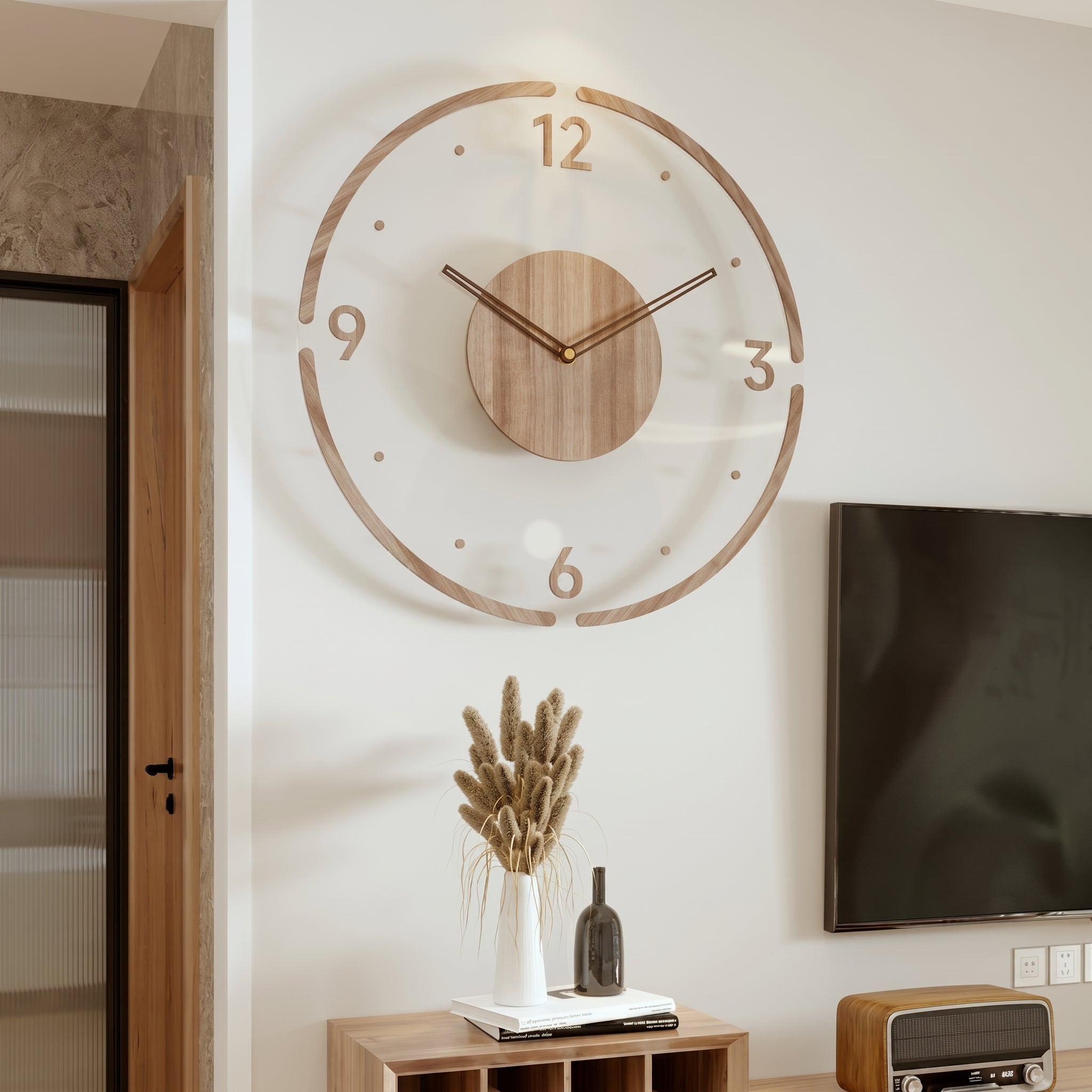 Nordic Wall Clock in Open Design with Wood Detail - Wall Clock - Classic - Seravelle Home