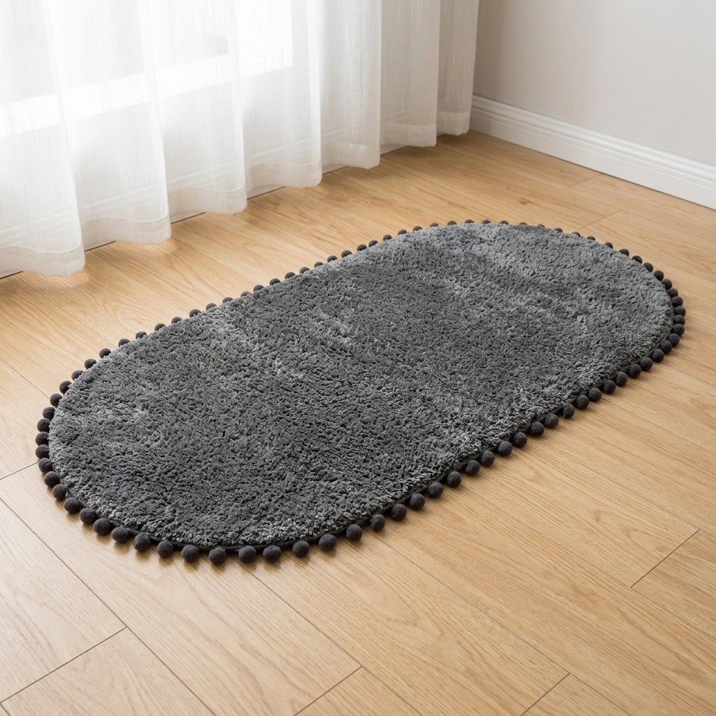 Oval Rug with Pompom Border - Rug and Carpets - Grey - Seravelle Home