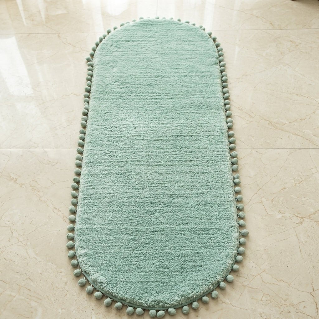 Oval Rug with Pompom Border - Rug and Carpets - Green - Seravelle Home