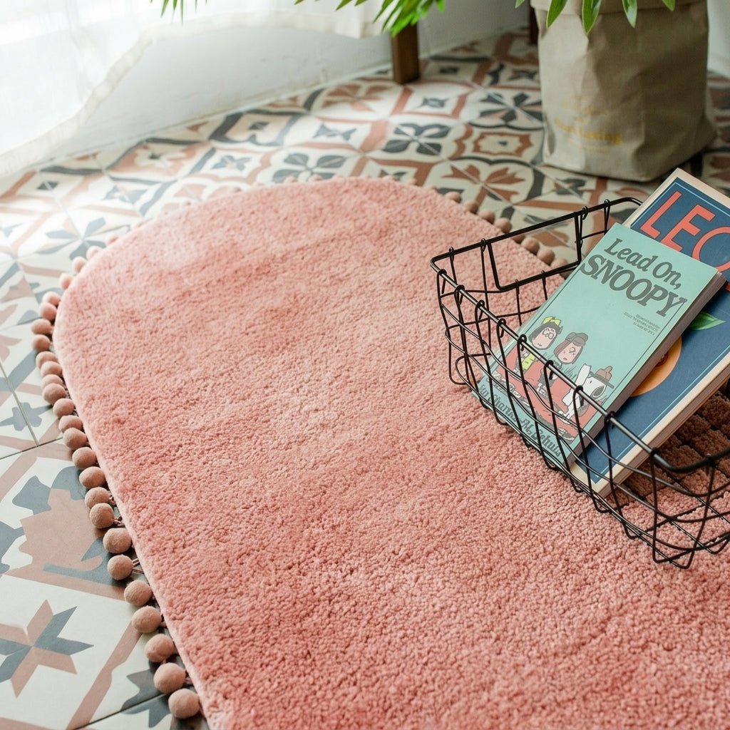 Oval Rug with Pompom Border - Rug and Carpets - Pink - Seravelle Home