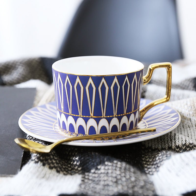Patterned Tea Cup Set with Golden Handles and Saucer - Tea Cup and Saucer - Blue - Seravelle Home