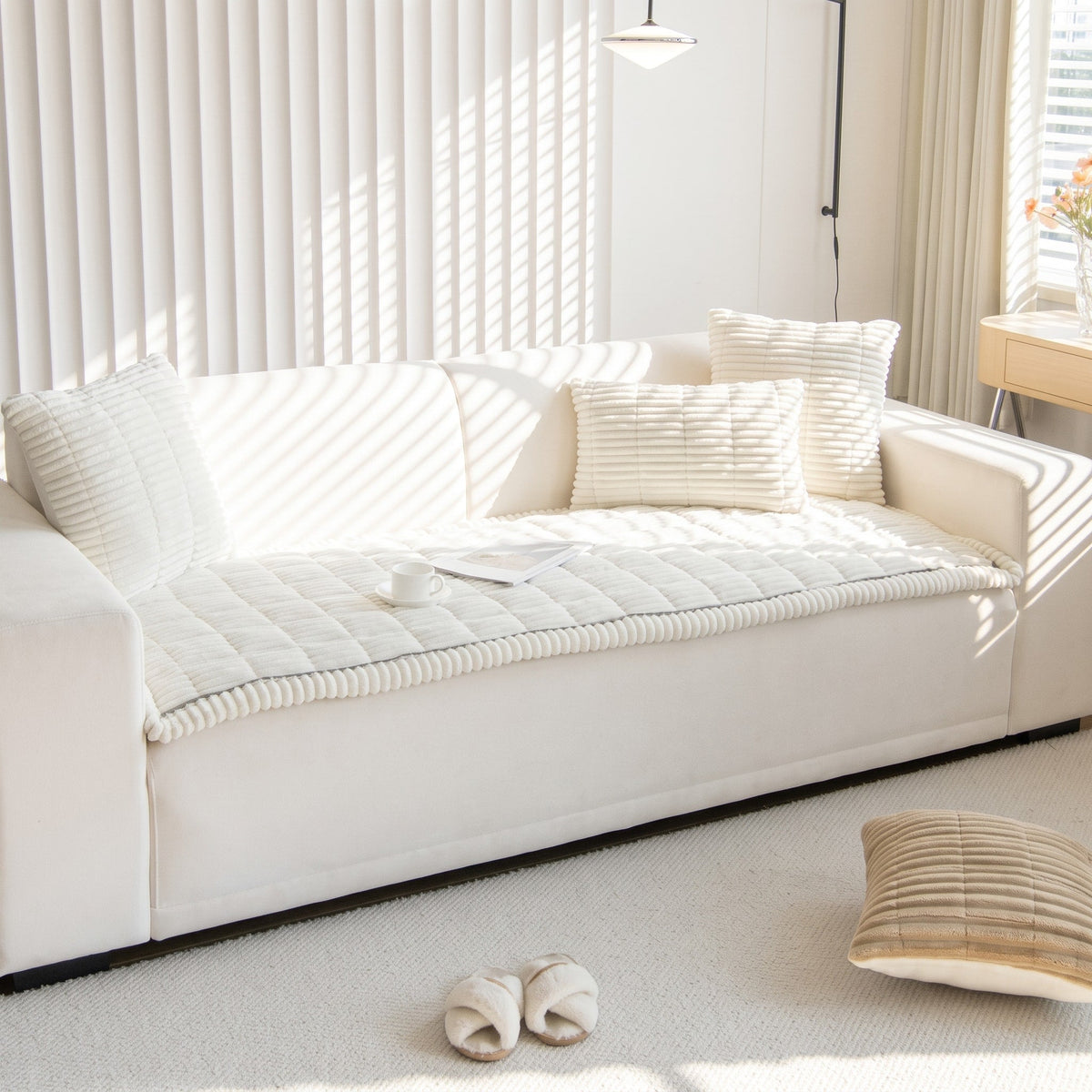Plush Ribbed Sofa Cover with Non-Slip Backing - Slipcovers - Light Grey - Seravelle Home