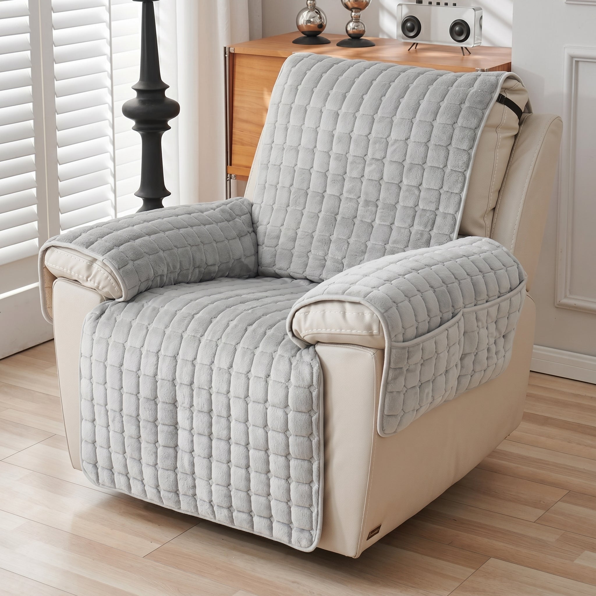 Quilted Recliner Cover with Side Pocket Organizer - Recliner Chair Cover - Grey - Seravelle Home
