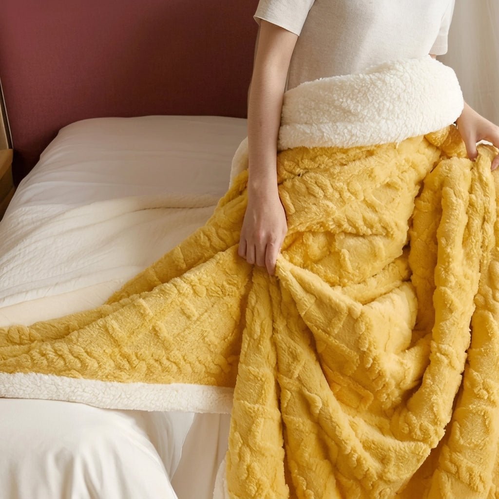 Quilted Reversible Throw Blanket with Plush Border - Blanket - Yellow - Seravelle Home