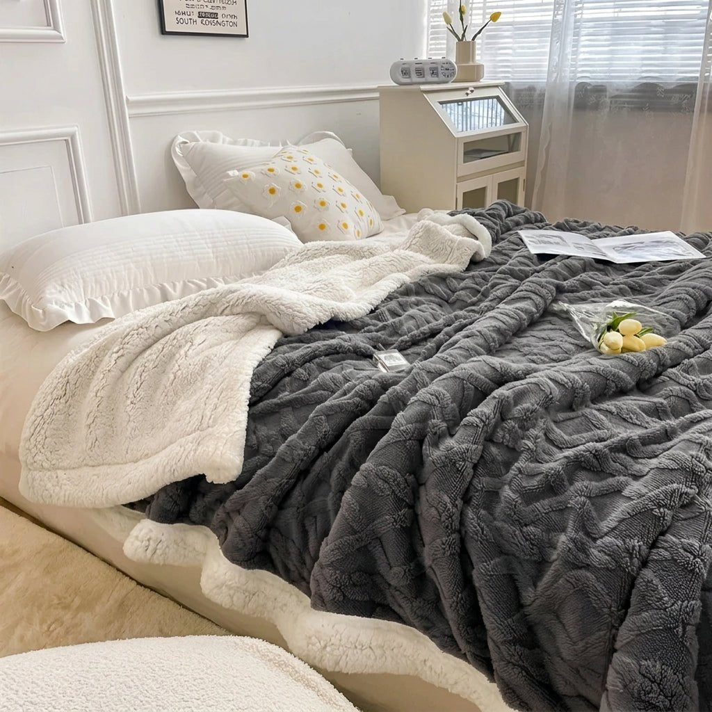 Quilted Reversible Throw Blanket with Plush Border - Blanket - Grey - Seravelle Home