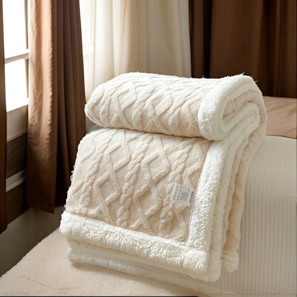 Quilted Reversible Throw Blanket with Plush Border - Blanket - Cream - Seravelle Home