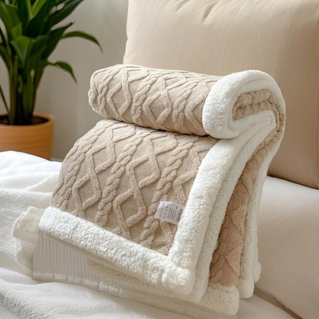 Quilted Reversible Throw Blanket with Plush Border - Blanket - Beige - Seravelle Home