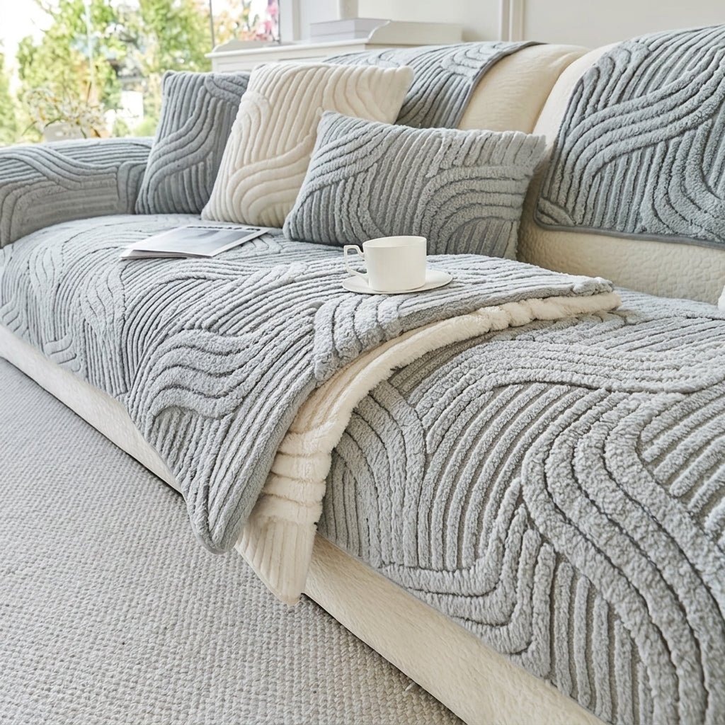 Quilted Sofa Cover with Wave Pattern and Textured Surface - Sofa Cover - Light Grey - Seravelle Home