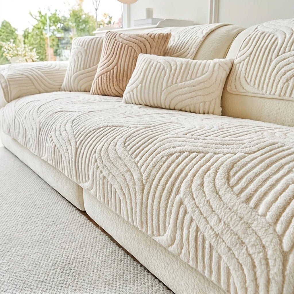 Quilted Sofa Cover with Wave Pattern and Textured Surface - Sofa Cover - Beige - Seravelle Home