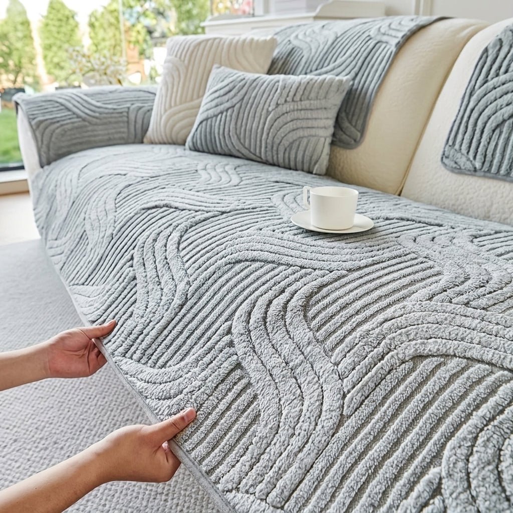 Quilted Sofa Cover with Wave Pattern and Textured Surface - Sofa Cover - Light Grey - Seravelle Home