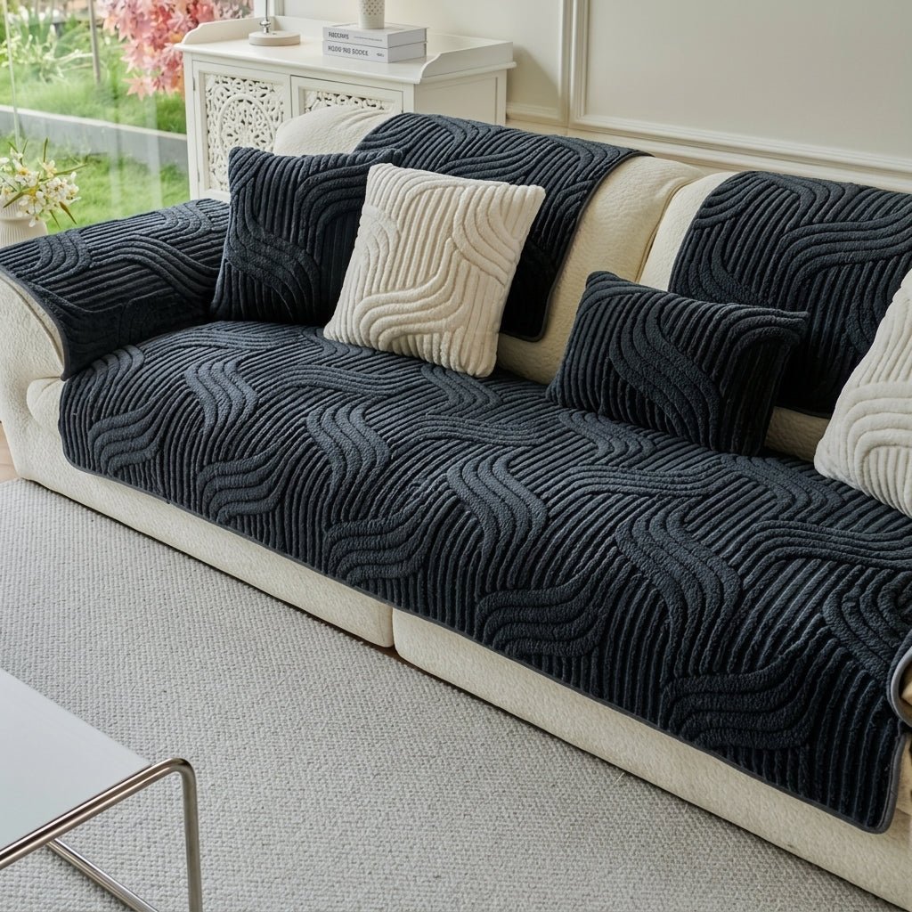 Quilted Sofa Cover with Wave Pattern and Textured Surface - Sofa Cover - Dark Grey - Seravelle Home
