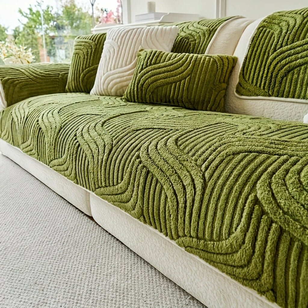 Quilted Sofa Cover with Wave Pattern and Textured Surface - Sofa Cover - Green - Seravelle Home