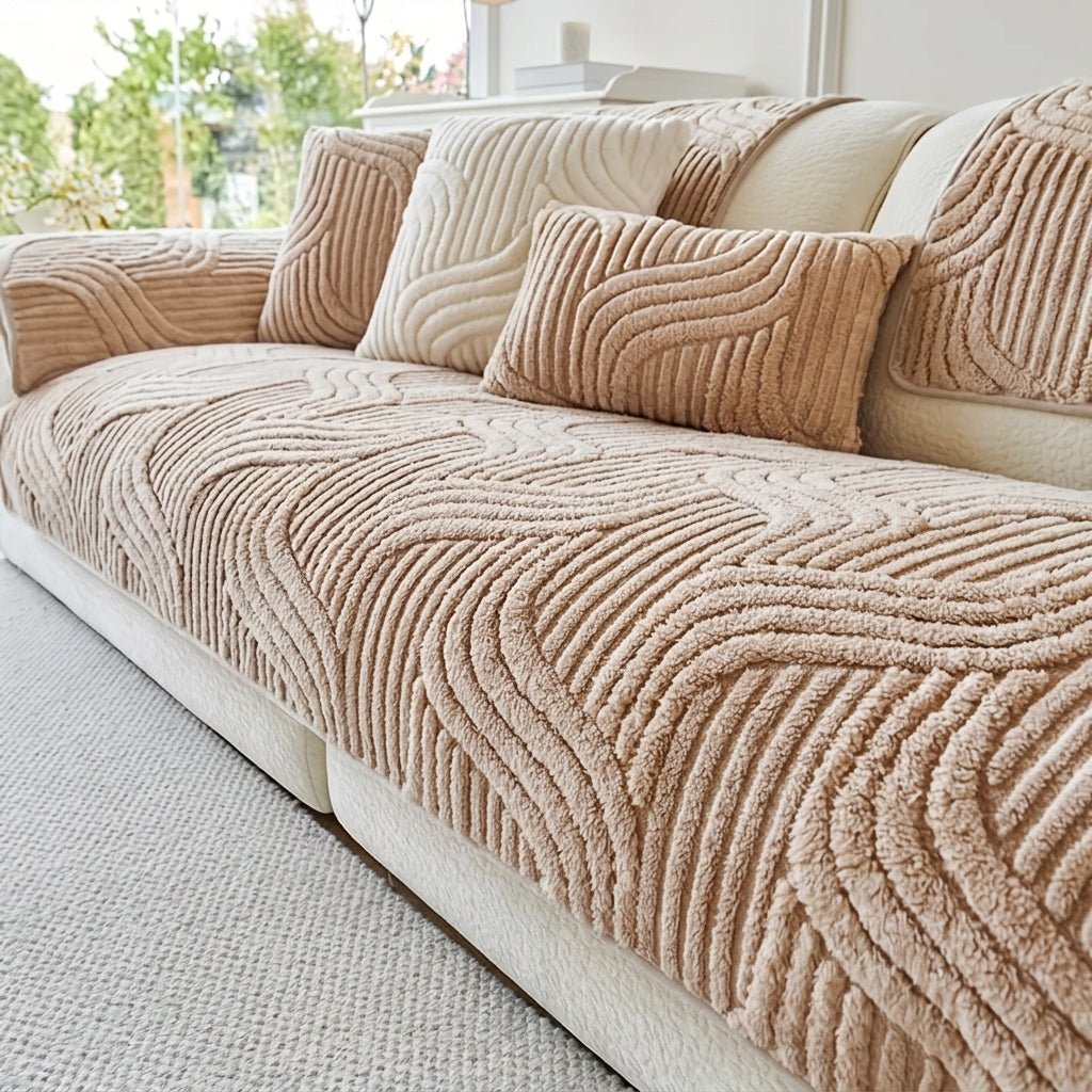 Quilted Sofa Cover with Wave Pattern and Textured Surface - Sofa Cover - Coffee - Seravelle Home