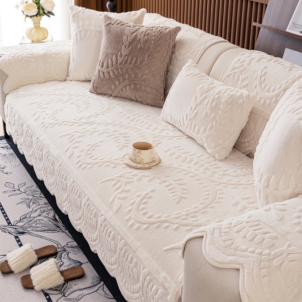 Quilted Sofa Throw Cover with Floral Pattern and Wavy Hem - Sofa Cover - Cream - Seravelle Home