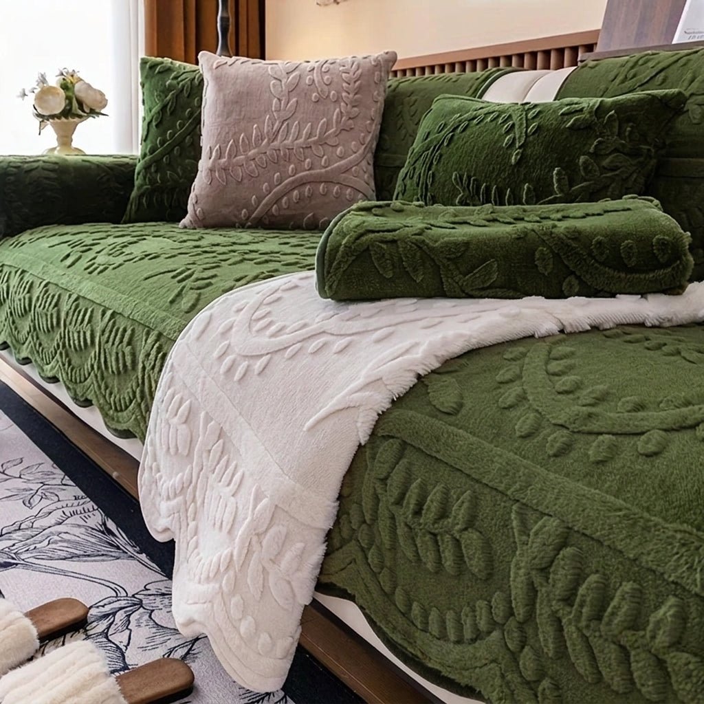 Quilted Sofa Throw Cover with Floral Pattern and Wavy Hem - Sofa Cover - Green - Seravelle Home