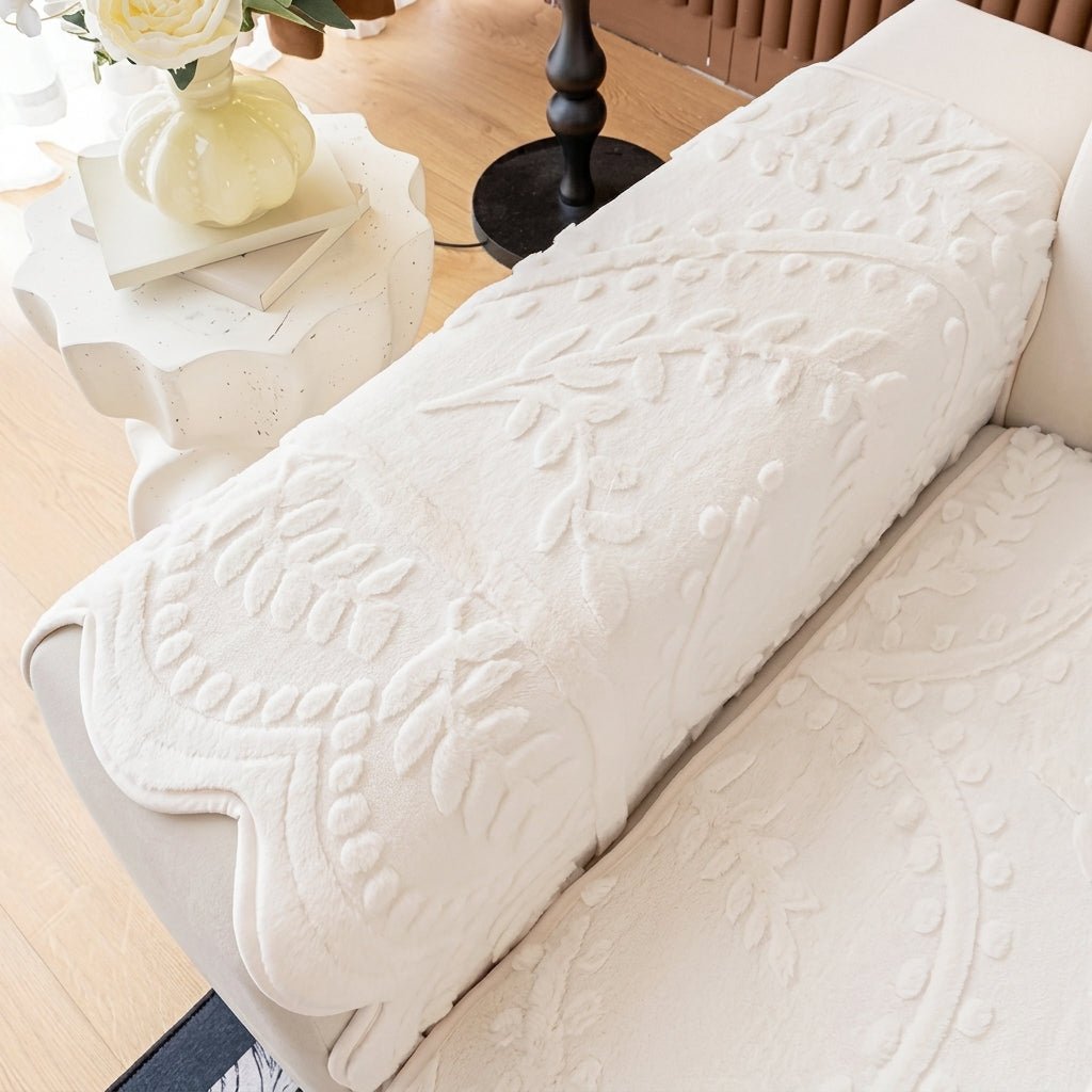 Quilted Sofa Throw Cover with Floral Pattern and Wavy Hem - Sofa Cover - Cream - Seravelle Home