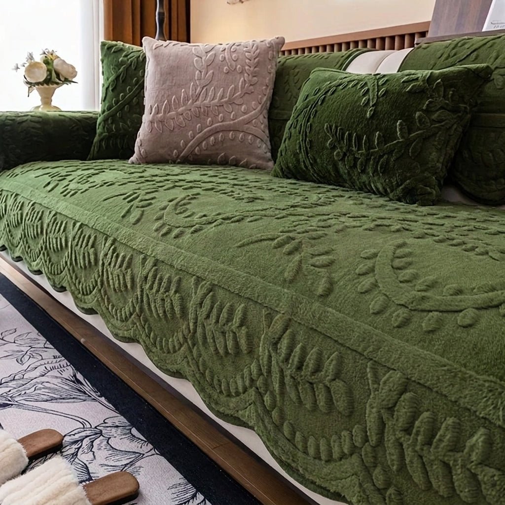 Quilted Sofa Throw Cover with Floral Pattern and Wavy Hem - Sofa Cover - Green - Seravelle Home