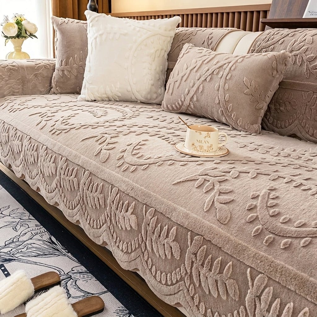 Quilted Sofa Throw Cover with Floral Pattern and Wavy Hem - Sofa Cover - Khaki - Seravelle Home