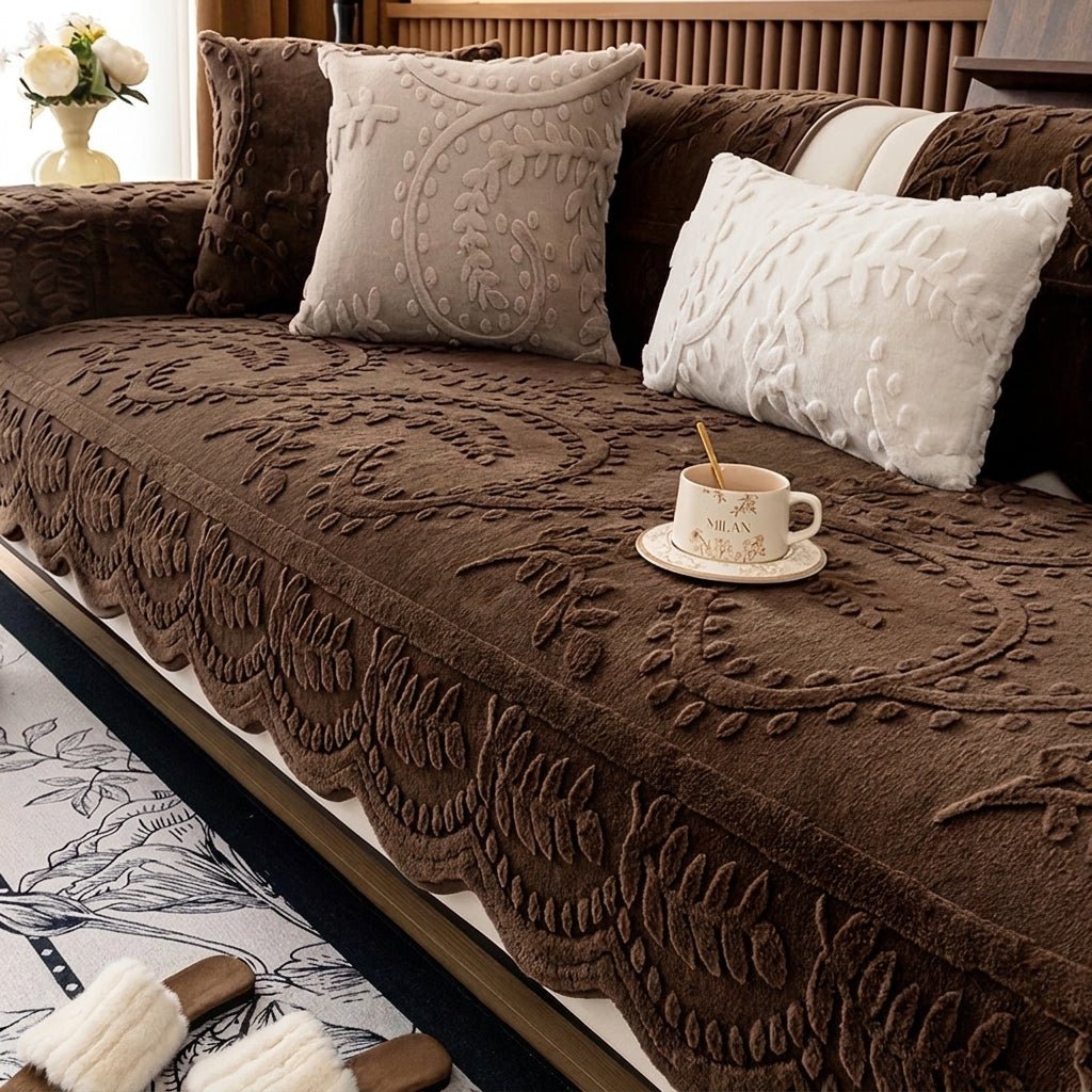 Quilted Sofa Throw Cover with Floral Pattern and Wavy Hem - Sofa Cover - Green - Seravelle Home
